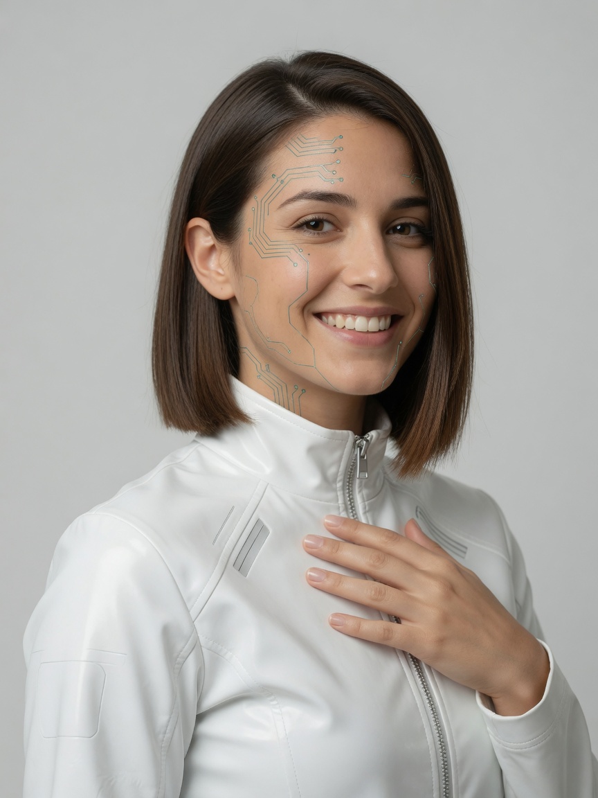 Sessi — warm cyber-human companion, soft teal LED circuit nodes on skin, SESI White light